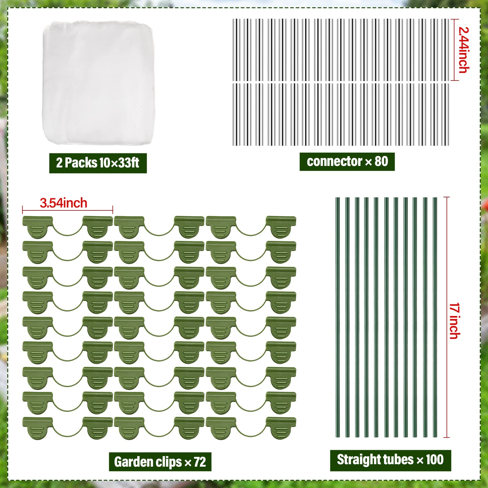 Woanger Gartennetz-Set, Pflanzenabdeckung mit 100 Gartenreifen, 72 Clips, 80 Verbindungsstücken, ultrafeines Netz, Schutz für Pflanzen, Gemüse, Obst, Blumen, Gewächshaus (3 x 10 m), 2 Stück