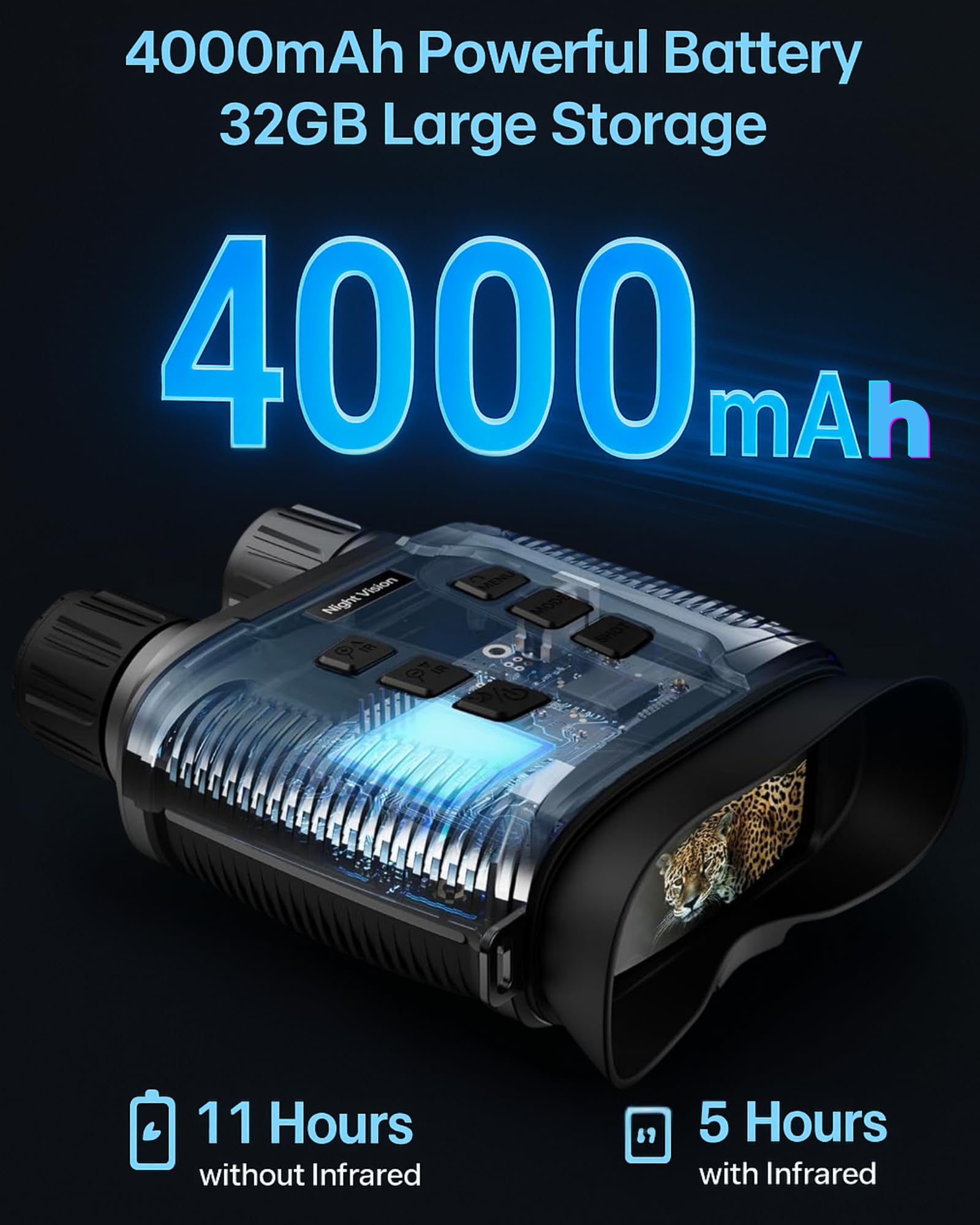 Nachtsichtgerät 4K 36MP 1000m Infrarot Fernglas 8X Digitalzoom 4000mAh 32GB TF-Karte für Jagd Camping