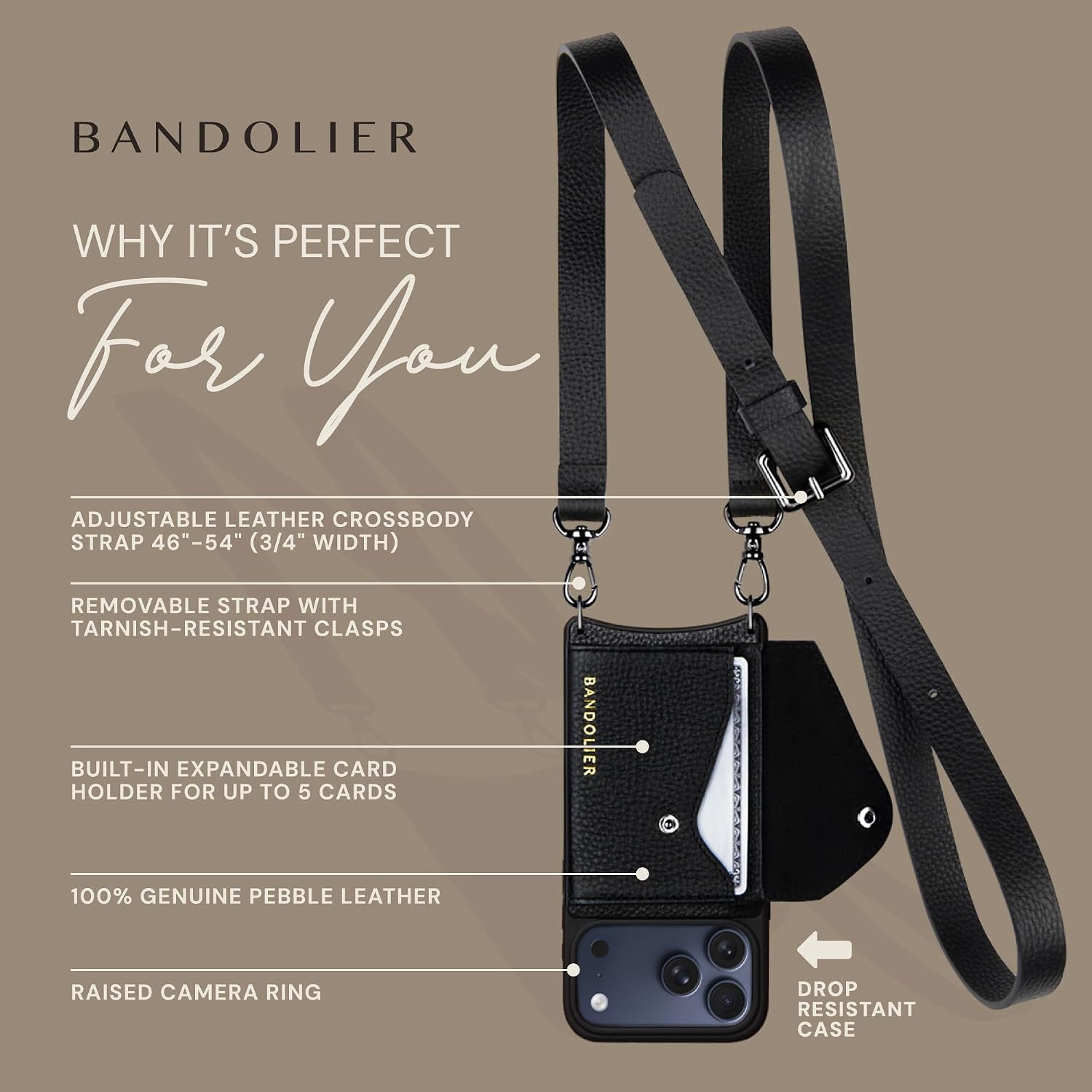 Bandolier Hailey Leather Crossbody Phone Case iPhone 17 Pro Max - Black/Pw image 4