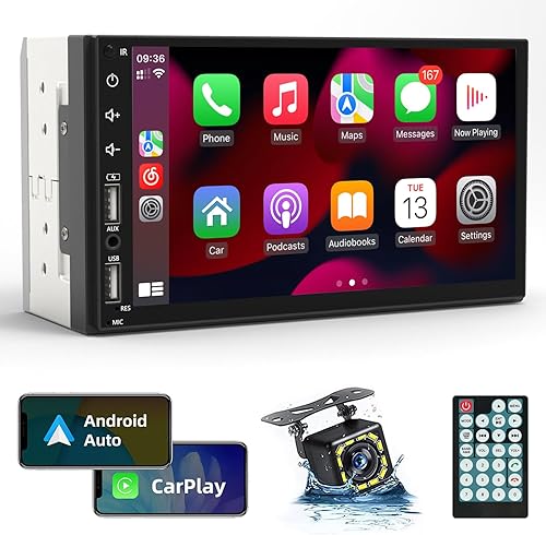 Leadfan Radio estéreo de coche doble DIN compatible con Apple Carplay y Android Auto, pantalla táctil HD de 7 pulgadas, radio DIN doble con Carplay