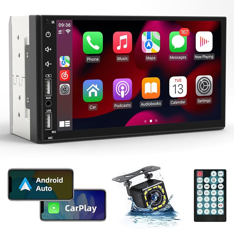 Central multimídia 2 DIN Leadfan X2 com Apple CarPlay e Android Auto, tela touch de 7 polegadas, Bluetooth 5.1 e câmera de ré