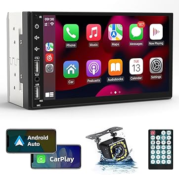 Leadfan Double Din Car Stereo Radio Support Apple Carplay&Android Auto, 7inch HD Touchscreen Double Din Radio with Bluetooth, Car Audio Receivers, Camera, MirrorLink, FM Radio, 2 USB/TF/AUX/Subwoofer