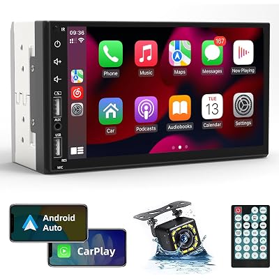 Leadfan Double Din Car Stereo Radio Support Apple Carplay&Android Auto, 7inch HD Touchscreen Double Din Radio with Bluetooth, Car Audio Receivers, Camera, MirrorLink, FM Radio, 2 USB/TF/AUX/Subwoofer