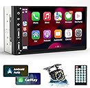 Leadfan Double Din Car Stereo Radio Support Apple Carplay&Android Auto, 7inch HD Touchscreen Double Din Radio with Bluetooth, Car Audio Receivers, Camera, MirrorLink, FM Radio, 2 USB/TF/AUX/Subwoofer