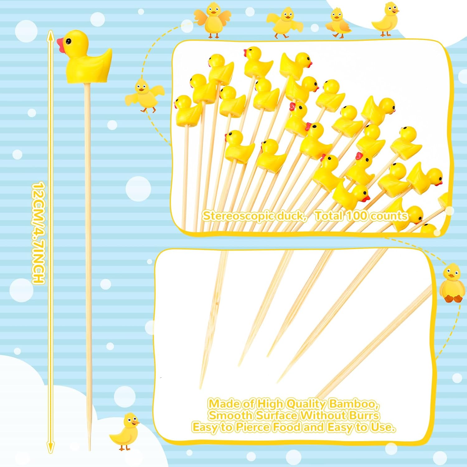 Chengu 100 Pcs Cute Duck Cocktail Picks Cupcake Picks Bamboo Toothpicks Resin Duck, Fancy Toothpicks for Appetizers Cocktail Skewers Sticks for Garnish Food Fruit Drink Hawaiian Tropical Party