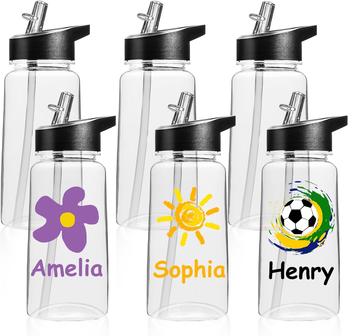 6 Pack Clear Water Bottle with Straw Lid Handle, 14oz Reusable Blank Water Bottles Bulk, Wide Mouth, Leak Proof, Lightweight for Sports Travel Cycling Camping, Plastic, DIY Gift