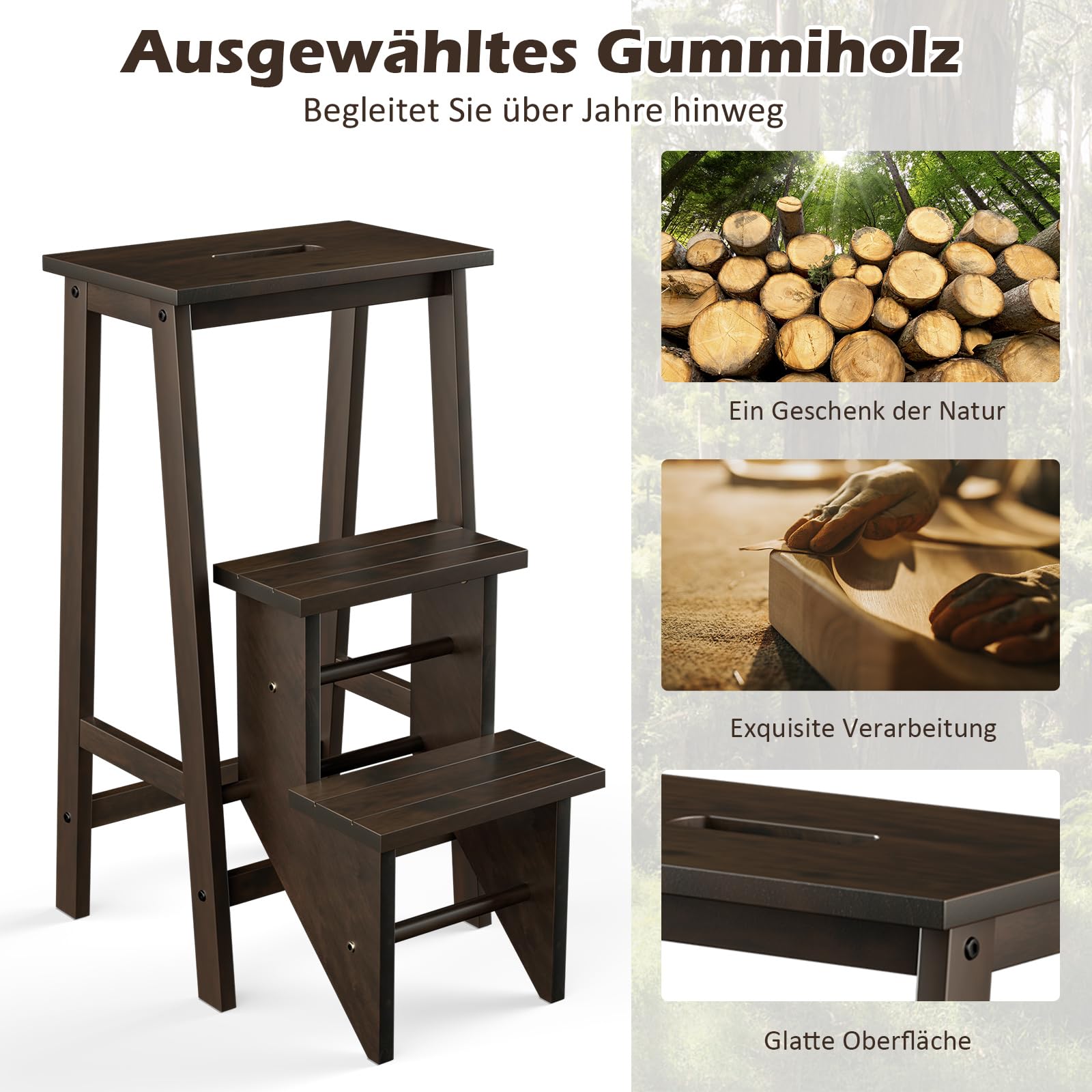 COSTWAY Taboret, drabina z 3 stopniami, składana, z uchwytem, do 310 kg, drabina domowa z litego drewna, antypoślizgowa, taboret do domu, biura, kuchni (ciemnobrązowy)