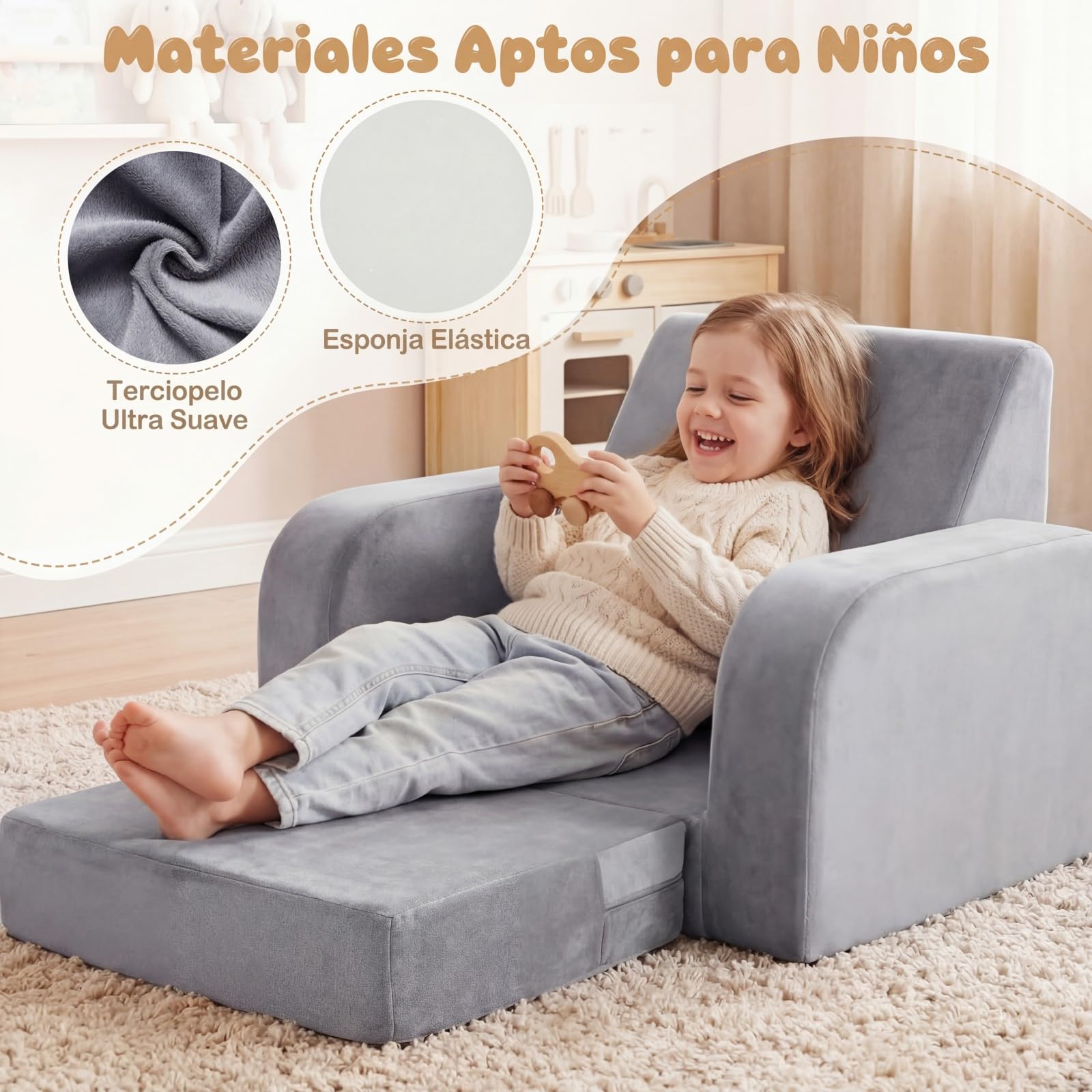 COSTWAY 3 en 1 Sofá Plegable para Niños, Sofá Cama Convertible con Terciopelo Cristal Ultra Suave y Funda Elástica, Desmontable y Lavable a Máquina, Sillón para Niños para Sala de Juegos y Guardería