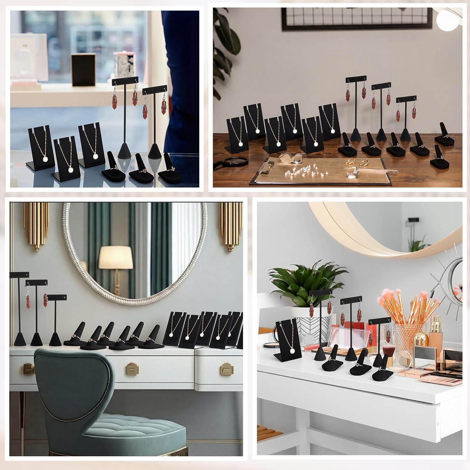 Geelin 30 Pcs Velvet Jewelry Display Set for Vendors, Earring Display Stands, Necklace T Bar, Ring Holders, Black Jewelry Holder for Craft Shows, Booth, Selling