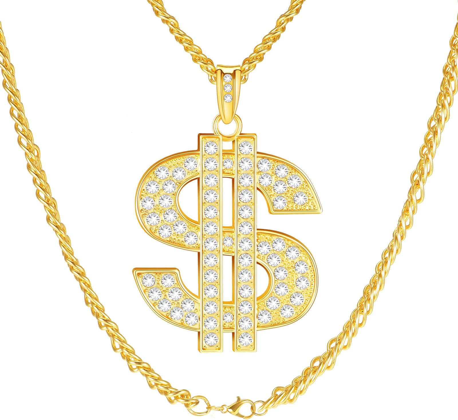 Dollar Sign Pendant Necklace - Gold Plated Chain for Men, Women & Kids - Rapper Punk Style