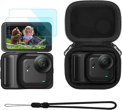 Estuche de transporte pequeño + 2 protectores de pantalla para Insta360 GO Ultra, bolsa de almacenamiento de viaje portátil dura de poliuretano con
