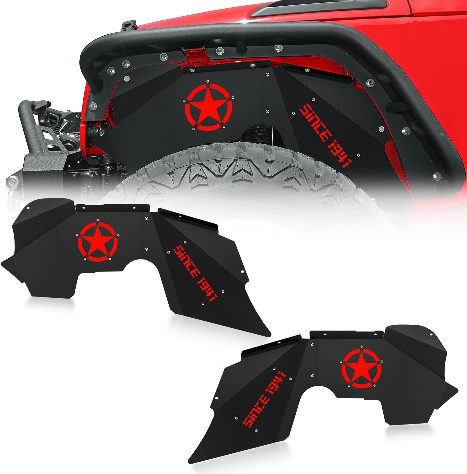 Front Inner Fender Liners Compatible with 2007-2018 Jeep Wrangler JK & JKU Unlimited 2/4 Doors, Bolt-on Style Mud Guards Cover Steel Wheel Well Fenders Flares (2 Pcs, 1941 & Red Star Style)