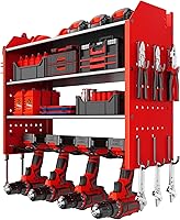 YKNIUNIU Wall Mount Power Tool Organizer - 4 Cordless Tool Holders, Heavy-Duty Steel Garage Storage Rack with Hooks, Red