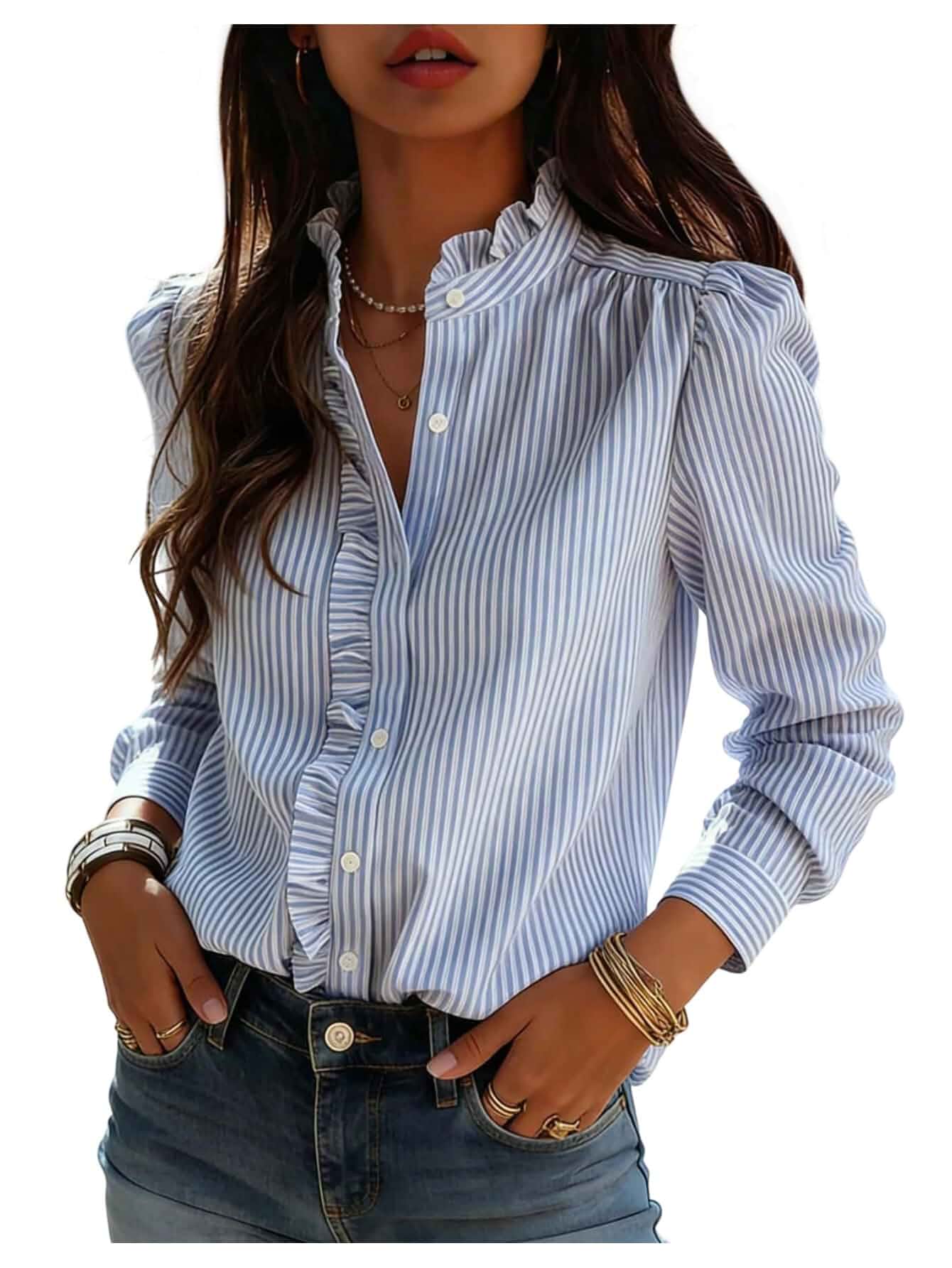 SOLY HUX Women's Striped Button Down Blouse Long Sleeve Ruffle Shirt Frill Trim, Fitted, Office Work Tops, Business Casual, Dressy Office Shirts for Women