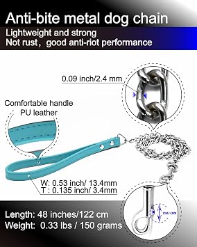 Dog Leash, Metal Pet Leash with Comfortable PU Leather Handle for Small and Medium Size Dogs 4 FT (Blue)