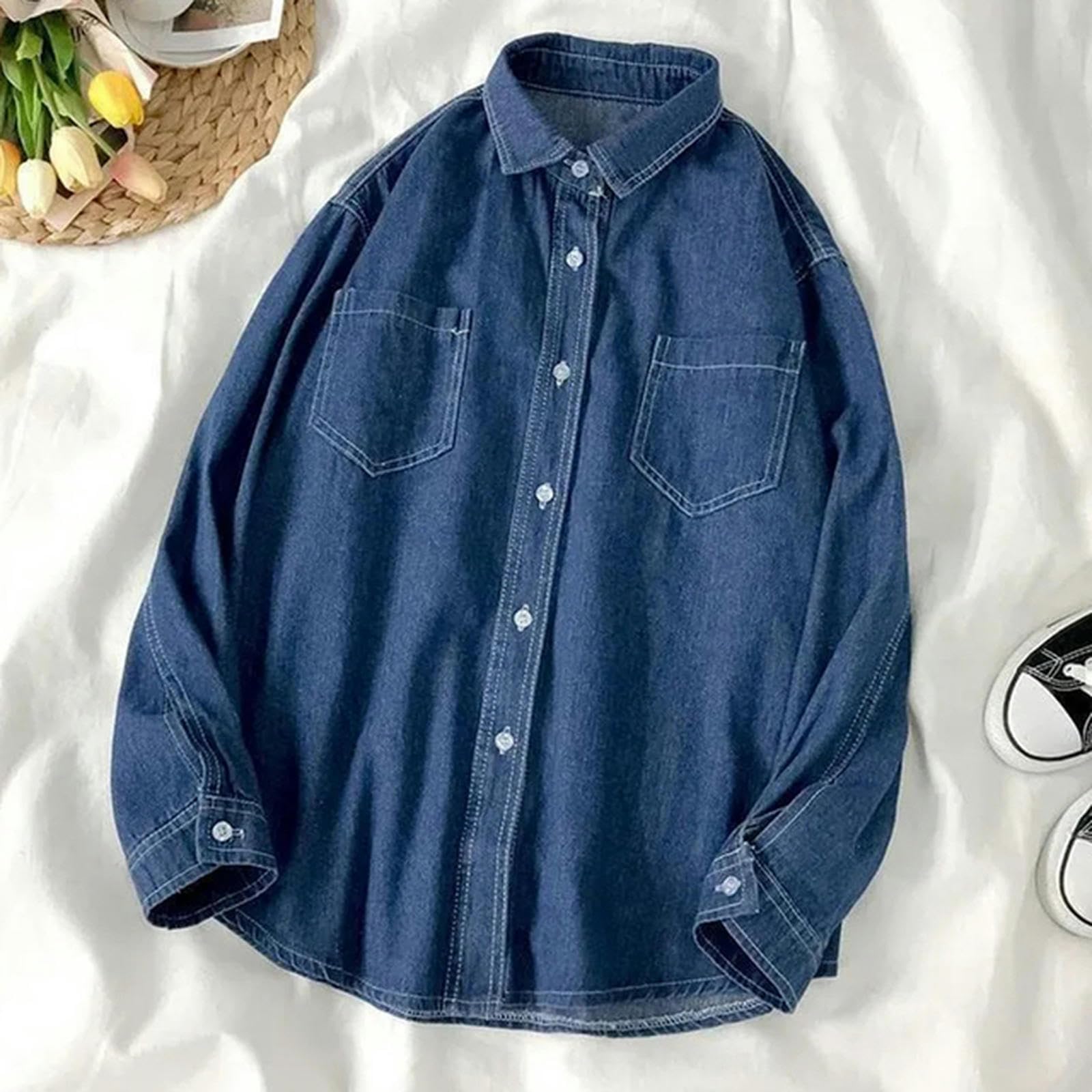 Camisa Vaquera de Manga Larga de otoño Camisa con Bolsillo de un Solo Pecho Camisa Vaquera de Solapa para Mujer Mujer-8335 Azul-XL