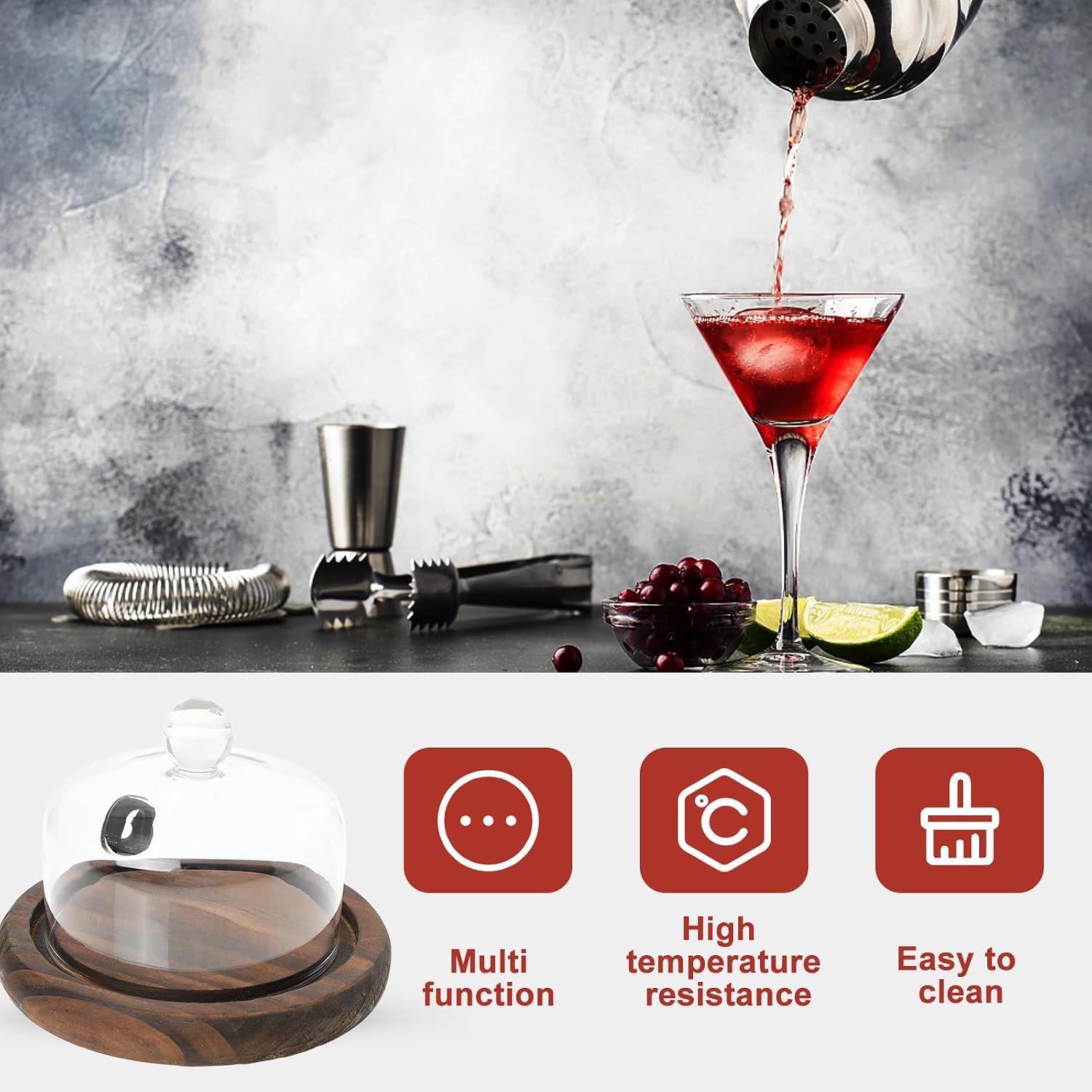 Food Smoke Cover Glass and Wood Set with Base for Dessert