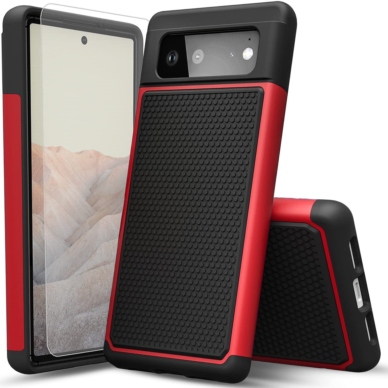 Circlemalls Compatible For Google Pixel 6 Pro Case [Not Fit Pixel 5/6] With [Tempered Glass Screen Protector Included], Military Grade 6 Feet Drop Test Protection Dual Layer Cover-Red