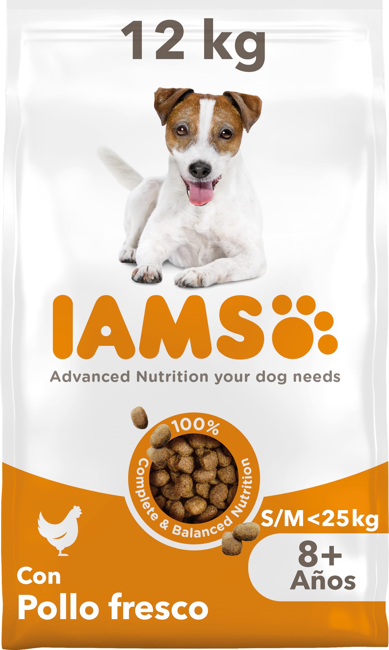 IAMS Alimento seco para perros de razas pequeñas y medianas con pollo fresco, comida seca para perros de edad de más de 8 años, 12 kg