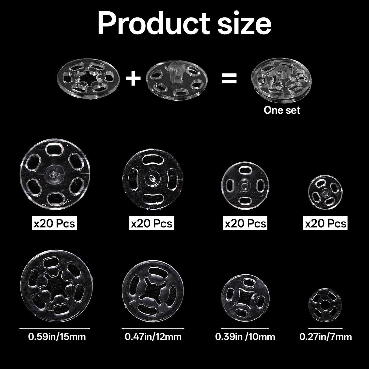 80 Sets Clear Invisible Resin Sew-on Snap Buttons, 4 Sizes (7mm 10mm 12mm 15mm) Plastic Snaps Fasteners Kit for Sewing Clothing Fabric Shirts DIY Craft