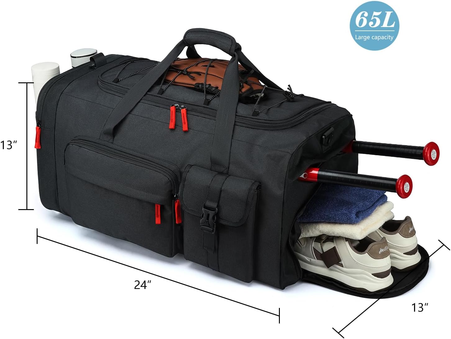 TUGUAN Large Capacity Baseball & Softball Duffle Bag with Shoe Compartment - Portable Bat Backpack for Adults, Coaches, and Teams 65L Storage for Catcher Gear & Equipment