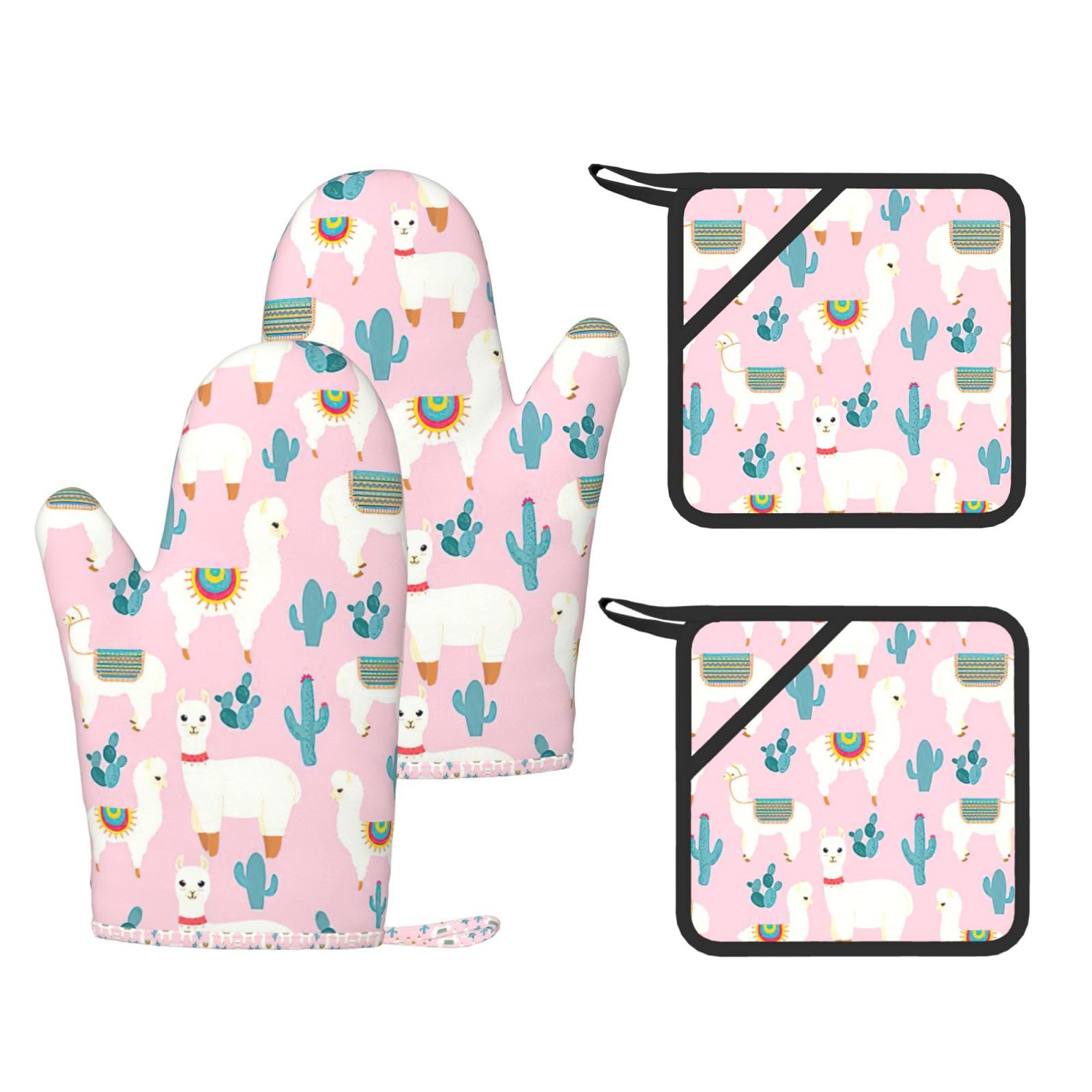 Llama Cactus Printed Oven Gloves and Hot Pads Set of 4, High Heat Resistant Silicone Mitts for Cooking BBQ