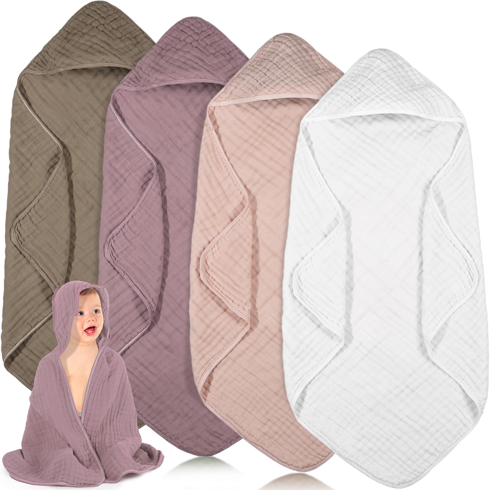 Peryiter 4 Pcs Muslin Hooded Baby Towels 32x32inch Cotton Newborn Bath Essentials Muslin Infant Blankets Absorbent Registry Baby Shower Present for