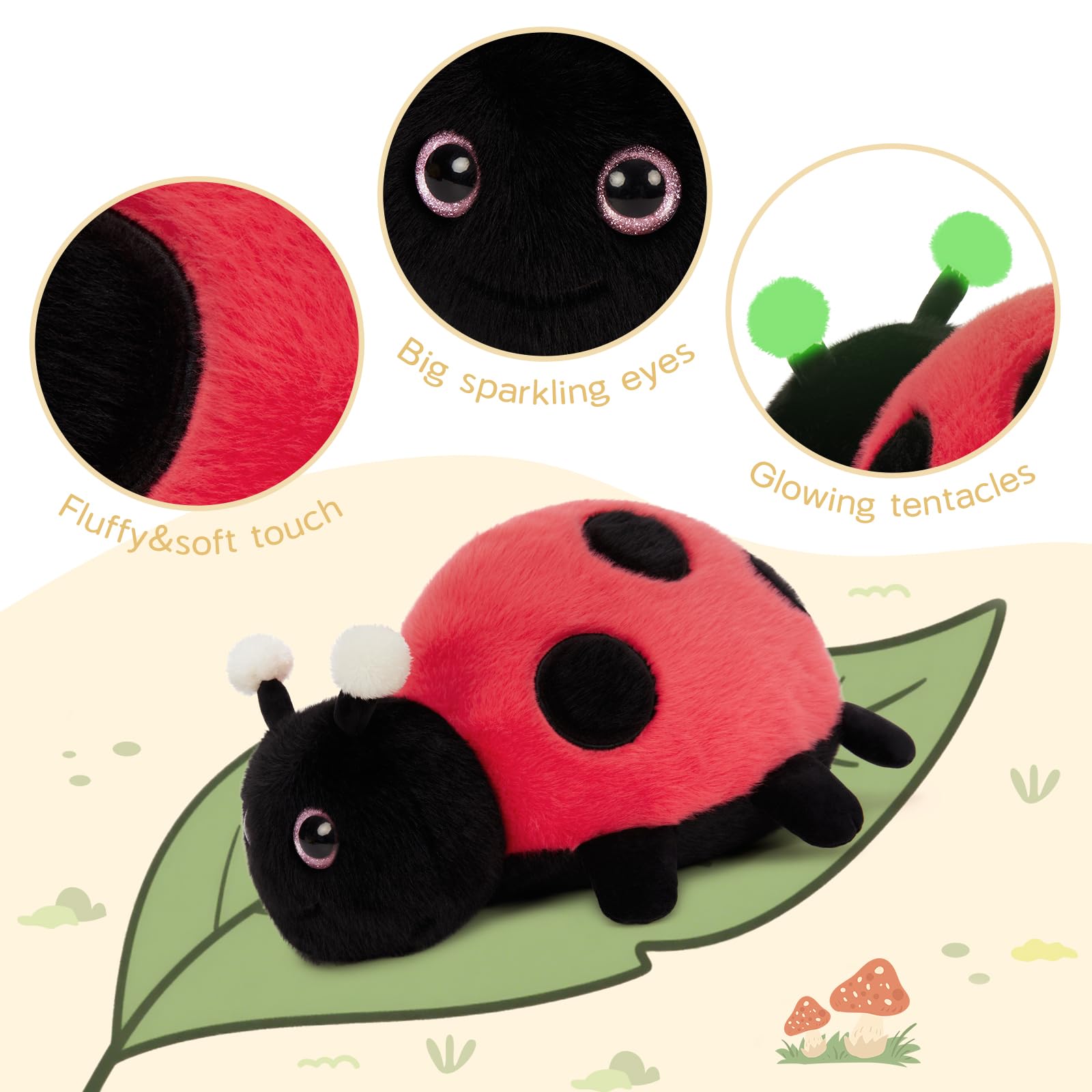 MorisMos 4 stücke Marienkäfer Plüschtier Set, 40cm groß Marienkäfer Kuscheltier XXL mit 3 Babys im Bauch, Ladybird Ladybug in der Nacht leuchten Geburtstag Weihnachten Geschenk für Jungen Kinder - 5