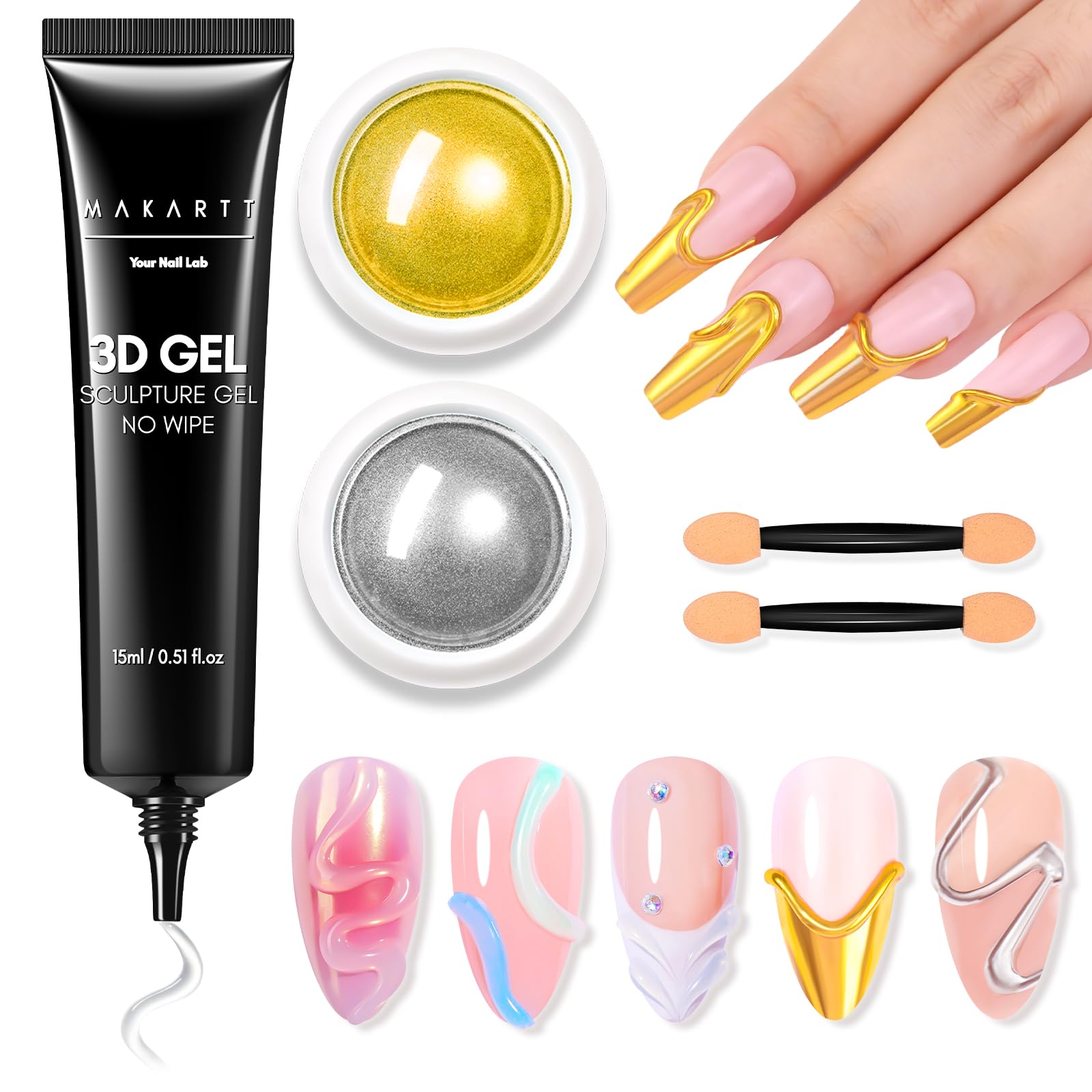 Makartt 3D Gel Nail Art & Chrome Nail Powder Kit: 15g Sculpting Gel for Nail Art DIY No wipe 3D Molding and Metallic Chrome Powder Set for Decoration Manicure Pedicure Use
