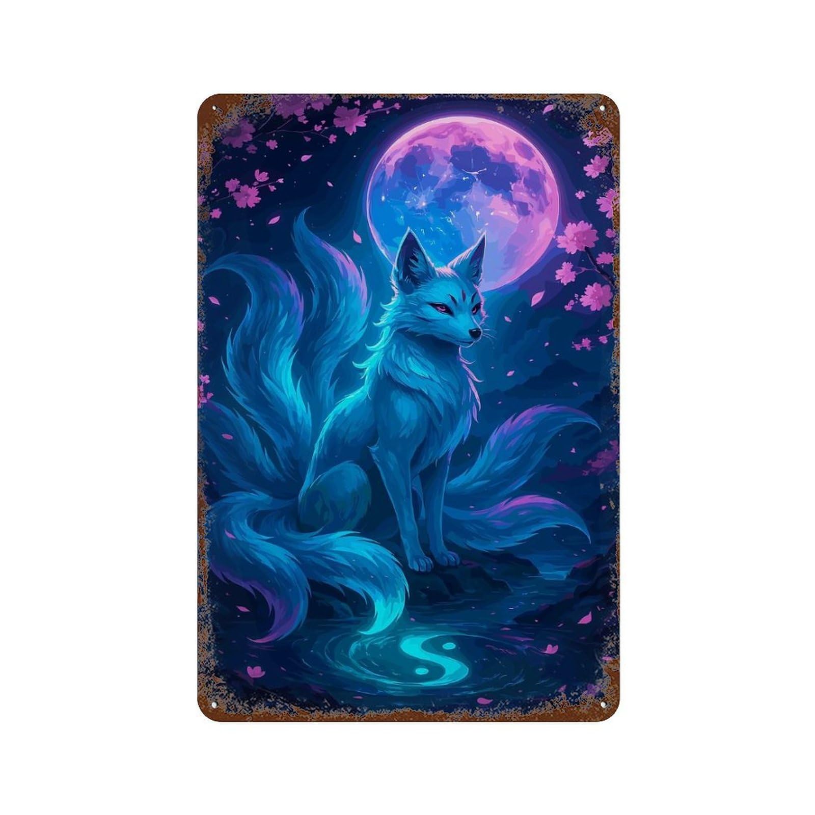 Nine-tailed Fox Under The Moonlight Rust Effect Tin Sign 11.8"x7.9", Vintage Wall Decor for Bistro, Counter And Cafe Decor