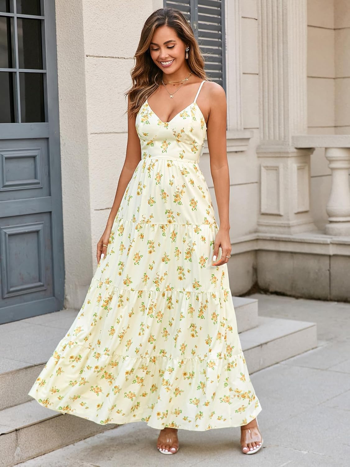 HTZMO Women Casual Summer Floral Maxi Sundress V Neck Spaghetti Strap Bow Tie Backless Flowy Boho Beach Long Dress 2026 - Image 6