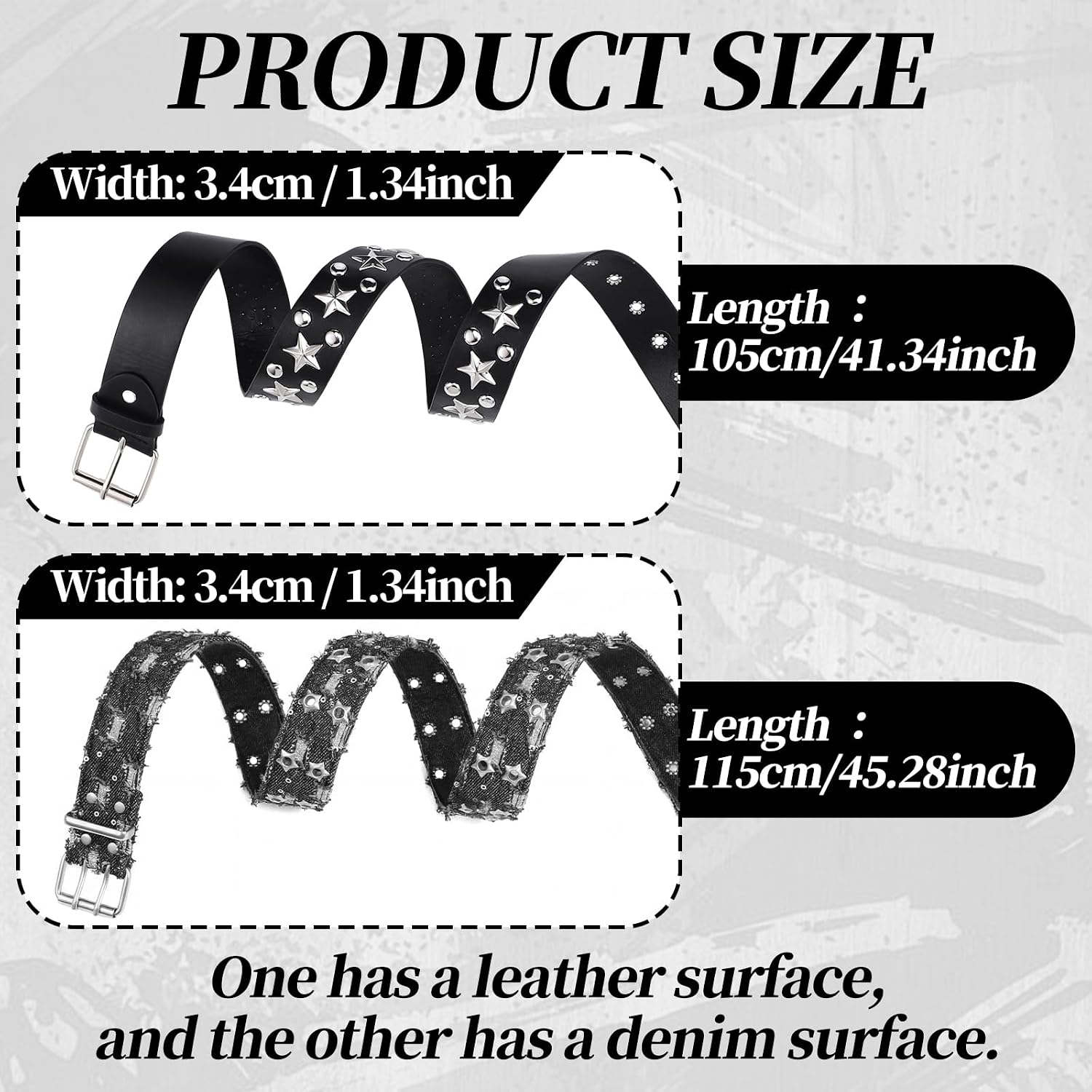 Wesiti 2 Pcs Y2K Belt Black Studded Gothic Punk Rock Belt Star Holes Emo Grunge Accessories with Grommet Threads Metal Pyramid for Women Men