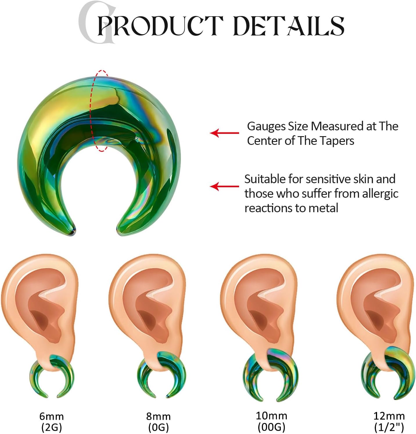 2PCS 2G 0G 00G 1/2” Crescent Glass Tapers C-shaped Ear Gauges Ear Expander Horseshoe Lobe Helix Plugs Colorful Body Piercing Jewelry 6mm 8mm 10mm 12mm