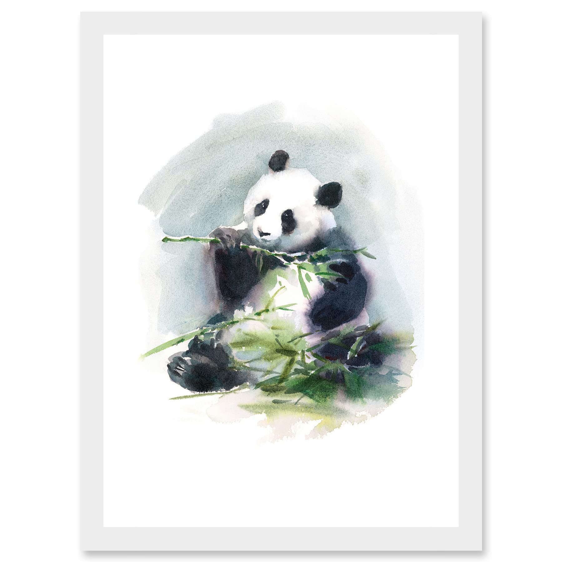 Wee Blue Coo Panda Eating Bamboo Watercolour Artwork Framed Wall Art Print A4