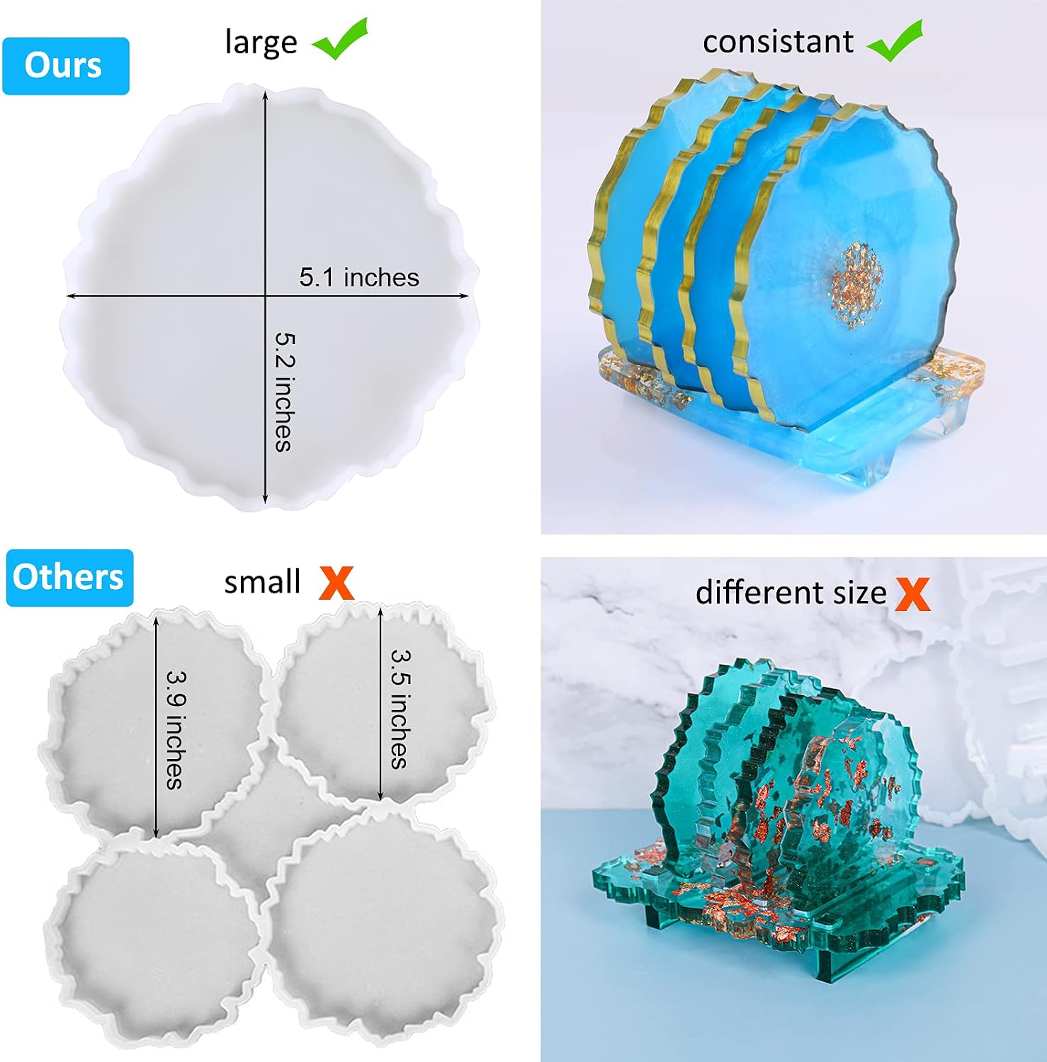 Resin Coaster Molds for Epoxy Resin,4pcs Geode Coaster Mold with Holder ,Silicone Molds for Resin Casting