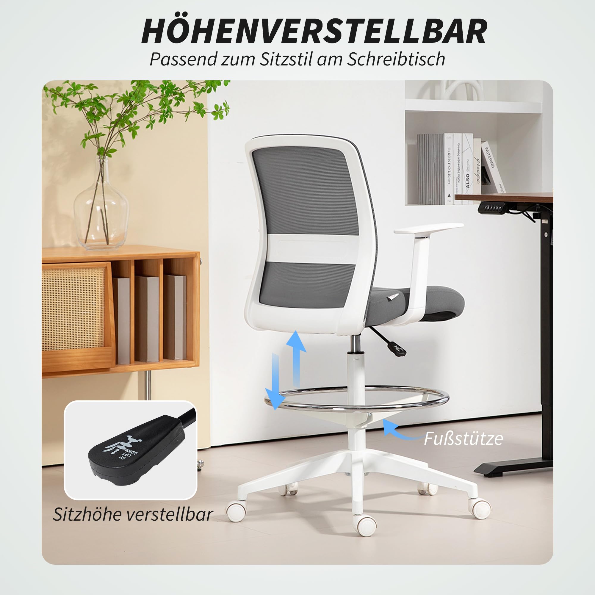 HOMCOM Bürostuhl Hoch Ergonomischer Schreibtischstuhl Armlehnen Grau | Mit Fußring, Höhenverstellbarer Zeichenstuhl, Drehstuhl mit Netzbespannung