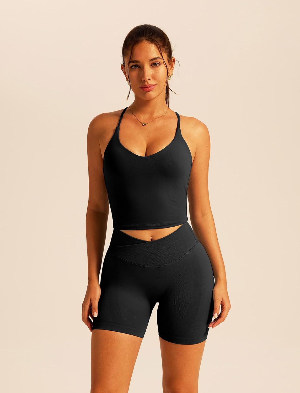 ABOCIW Workout Sets for Women 2 Piece V Neck Cross Back Tank Crossover Waist High Waist Biker Shorts Gym Sets