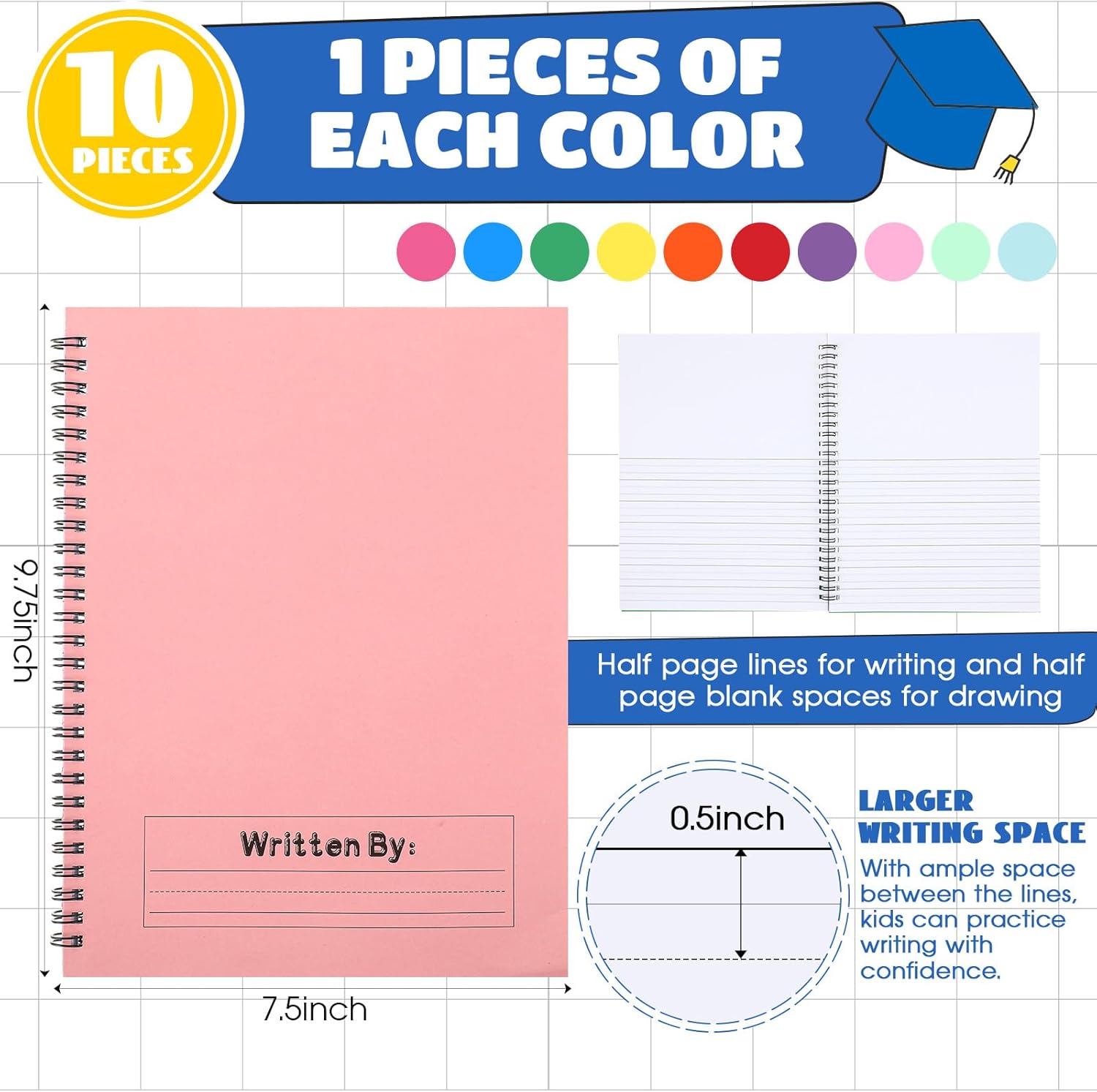 Henoyso 10 Pack Primary Composition Notebook for Kids – 50 Sheets, Spiral Bound, Handwriting & Drawing Journal, Ideal for K-2 Students, Back to School Supplies, Stylish Covers
