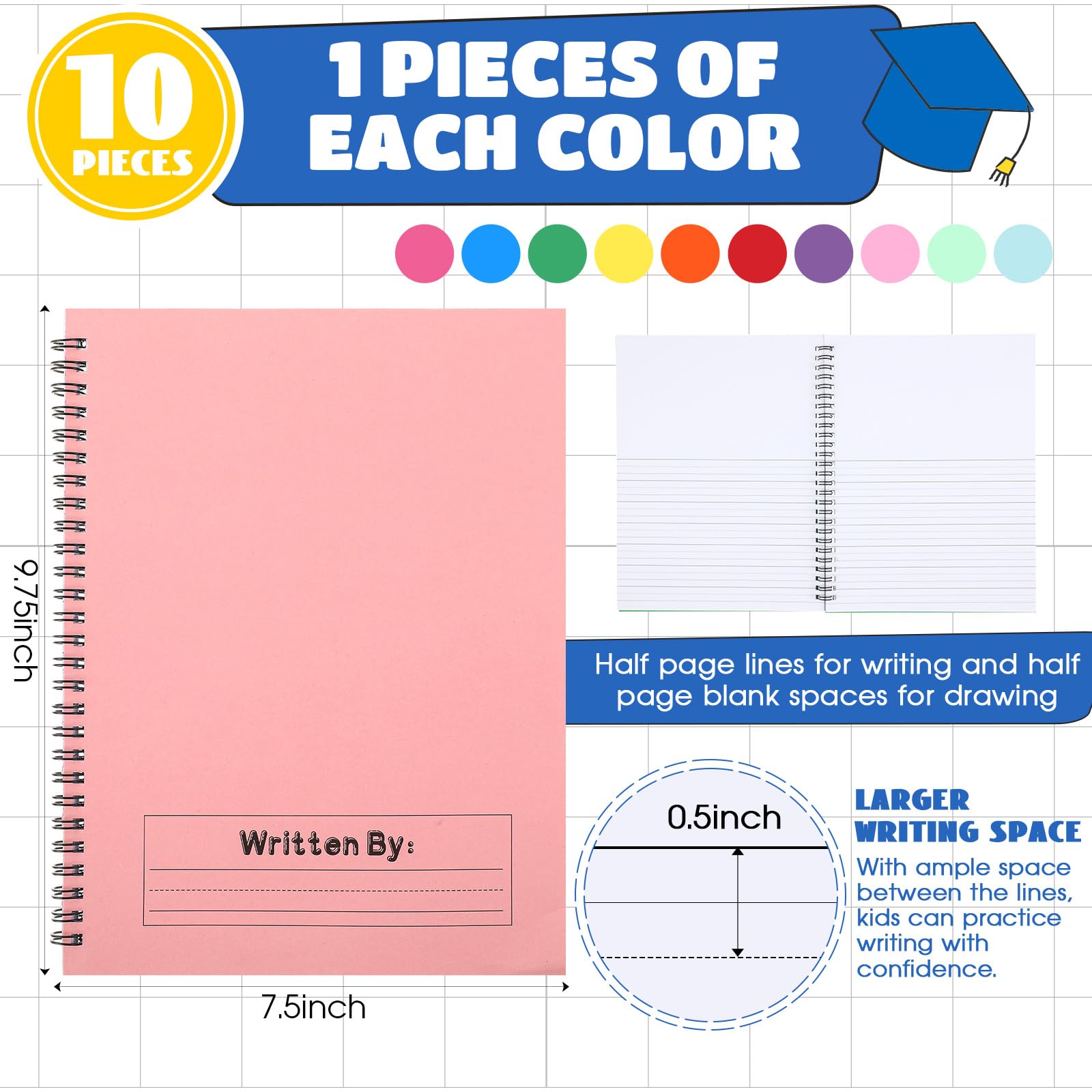 Henoyso Lot de 10 carnets de composition primaire K-2 en vrac à spirale, journal primaire, dessin, pratique de l'écriture manuscrite pour enfants de 4 à 6 ans, maternelle préscolaire, fournitures pour