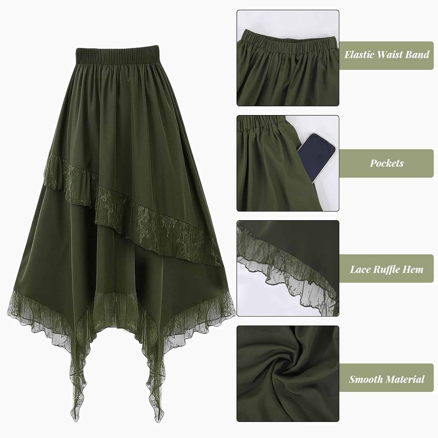 JATEBI Renaissance Pirate Skirt for Women Y2k Lace Tiered Asymmetrical Midi Skirts with Y2K Glasses Punk Belt - Image 3
