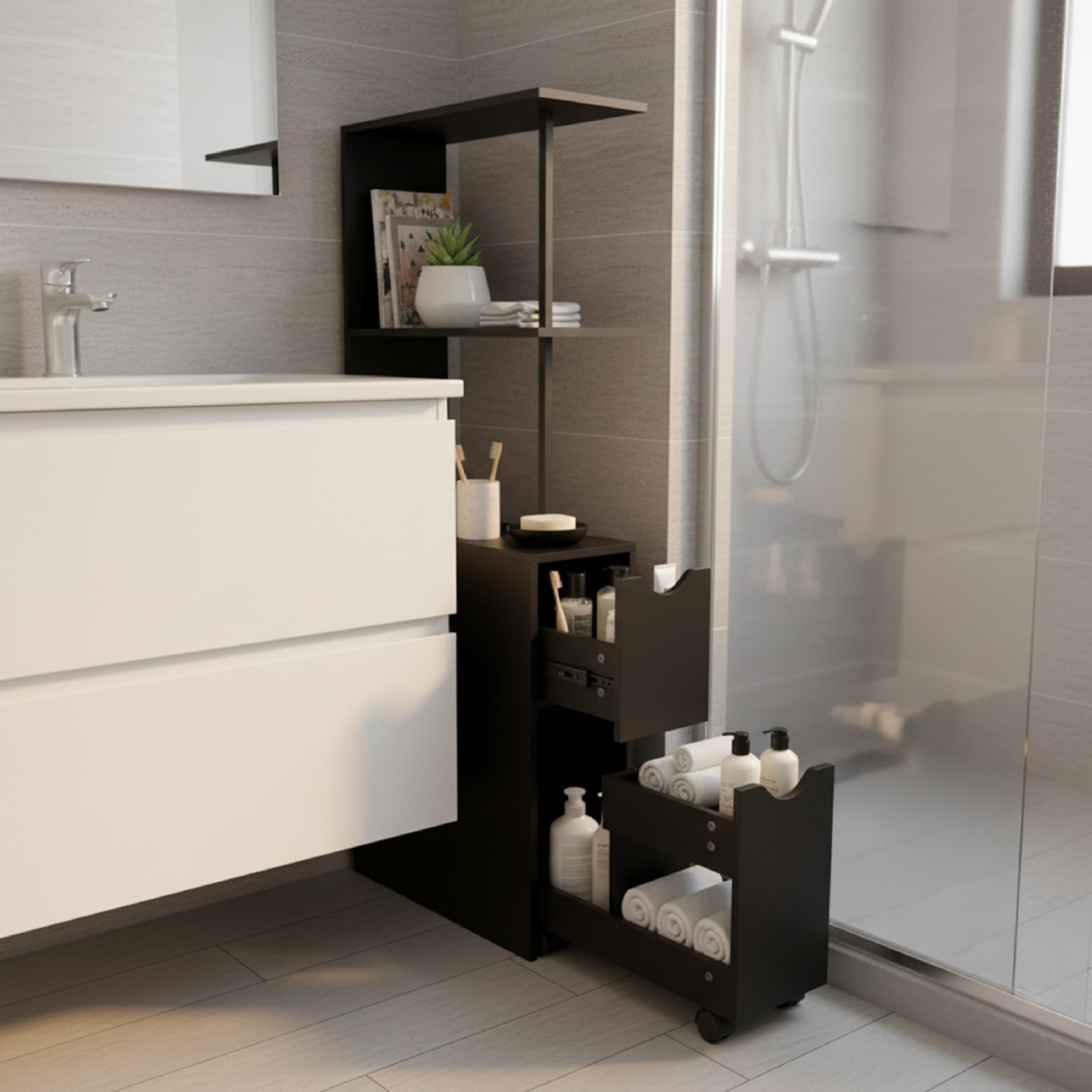 Baroni Home Columna de baño que ahorra espacio, mueble alto con estantes abiertos y cajones, multiusos, columna moderna para baño, cocina y dormitorio, 30 x 30 x 180 cm, 3 estantes y 2 cajones, color