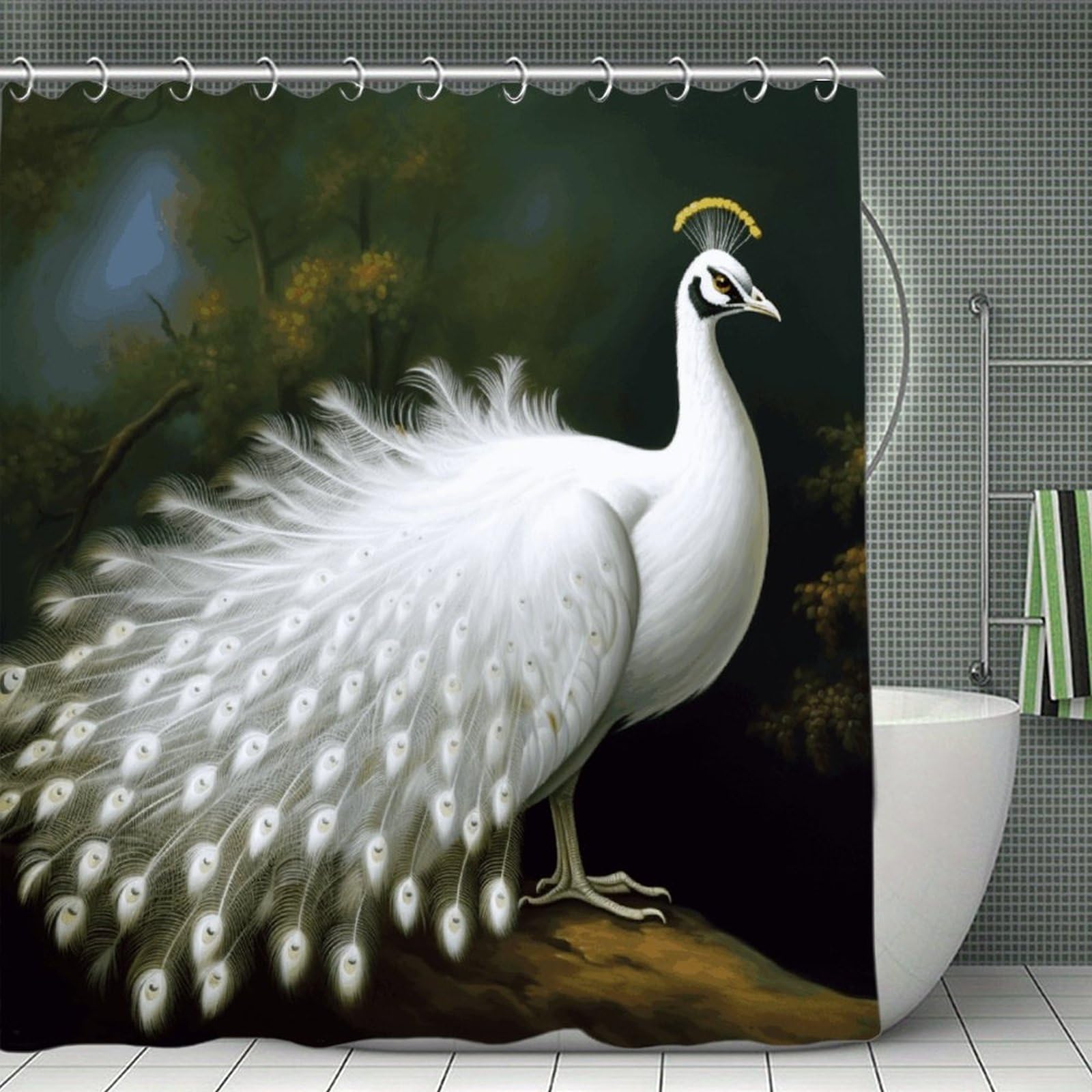 FekiLoot White Peacock Shower Curtain with Hooks Modern Farmhouse Bathroom Curtain Waterproof Cloth Bath Curtains Cute Washable Blackout Privacy Curtains for Bathroom Bathtub 70.8"x70.8"