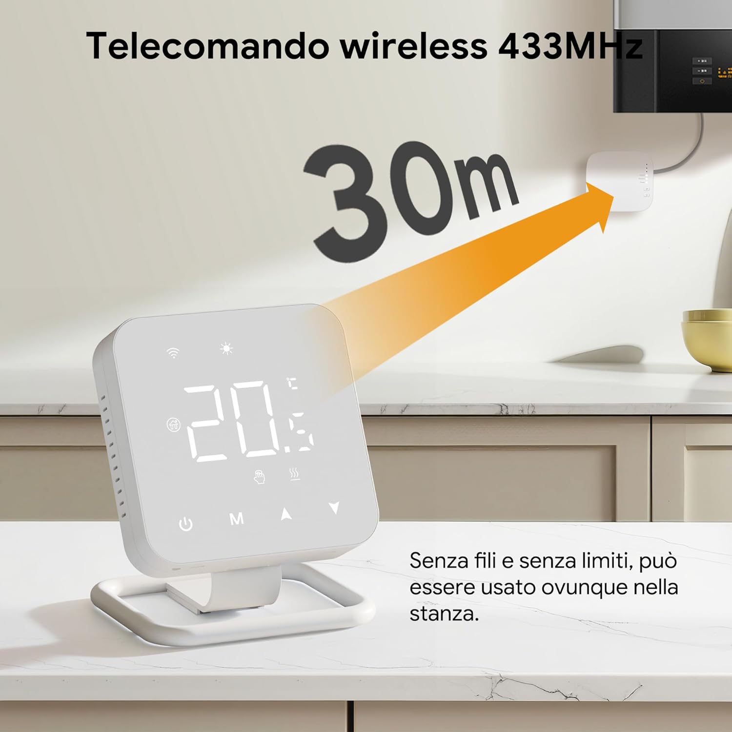 Vaconoff Wireless Smart Thermostat showing 30m wireless range to receiver.