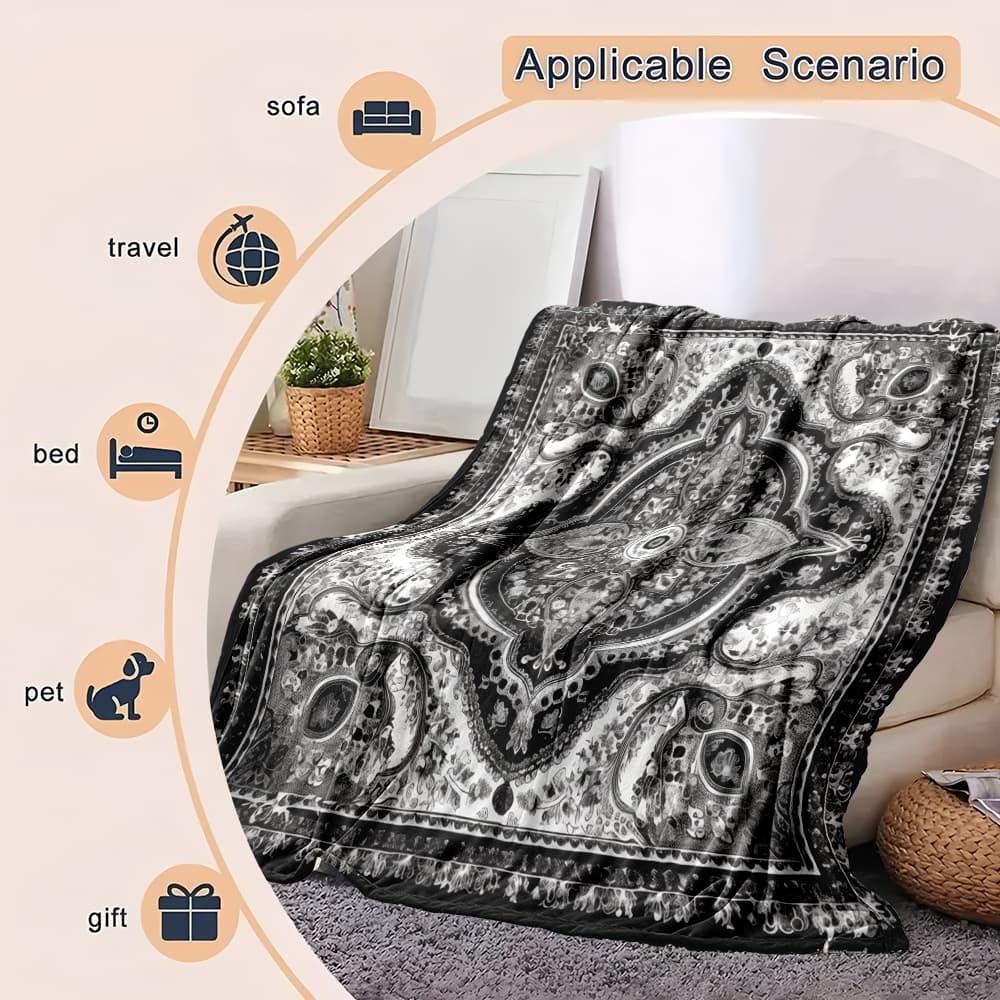 Przytulny koc 180 x 200 cm, XXL, abstrakcyjny wzór boho, super miękki i zimowy ciepły koc polarowy na sofę, kanapę i łóżko, szary, przytulny, przyjemny koc do mieszkania, koc na sofę