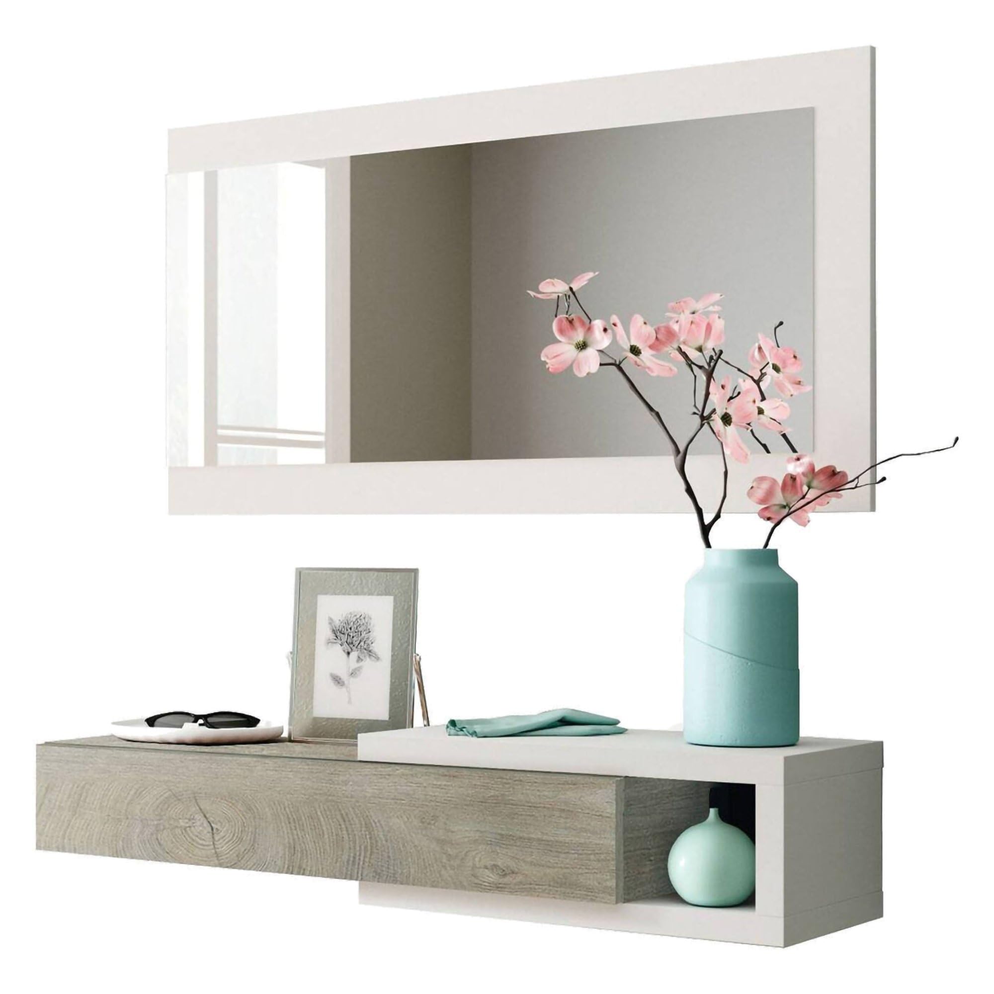 Dmora - Mobile da ingresso Mcallen, Entratina reversibile con specchio, Mobile per atrio con cassetto, Svuotatasche per appartamenti, 95x26h69 cm, Bianco e Rovere