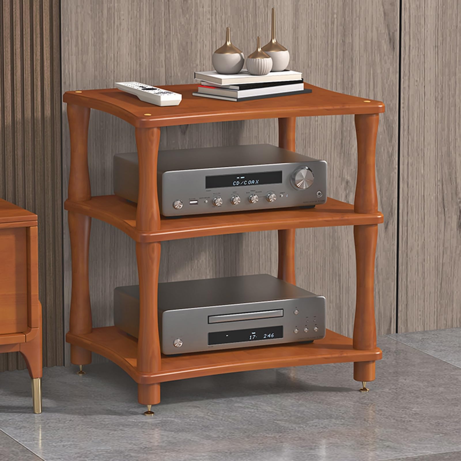 Drewniana szafka stereo do domowego systemu rozrywki, stojak na odtwarzacz CD i odbiornik, stojak na sprzęt AV, przechowywanie gier i spotkań, brązowa 64 cm