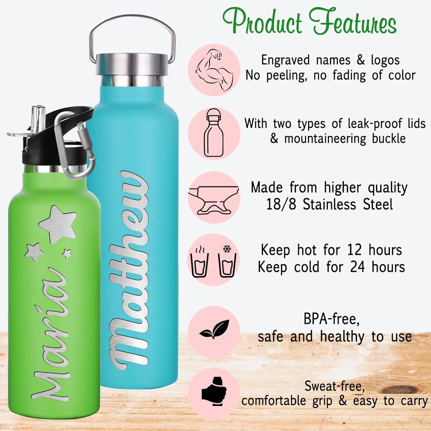 Personalized Water Bottles Custom with Straw Lid 12/26oz Engraved Name Logo Insulated Bottle Customized Double Wall Stainless Steel Water Bottles Gift for School Sports Office Outdoors - Image 3