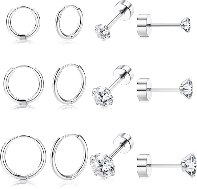 JeweBella 6 Pairs Titanium Earrings for Women Flat Back Tiny Cubic Zirconia Stud Earrings/Small Huggie Hoop Earrings Set Hypoallergenic Cartilage Helix Tragus Earrings
