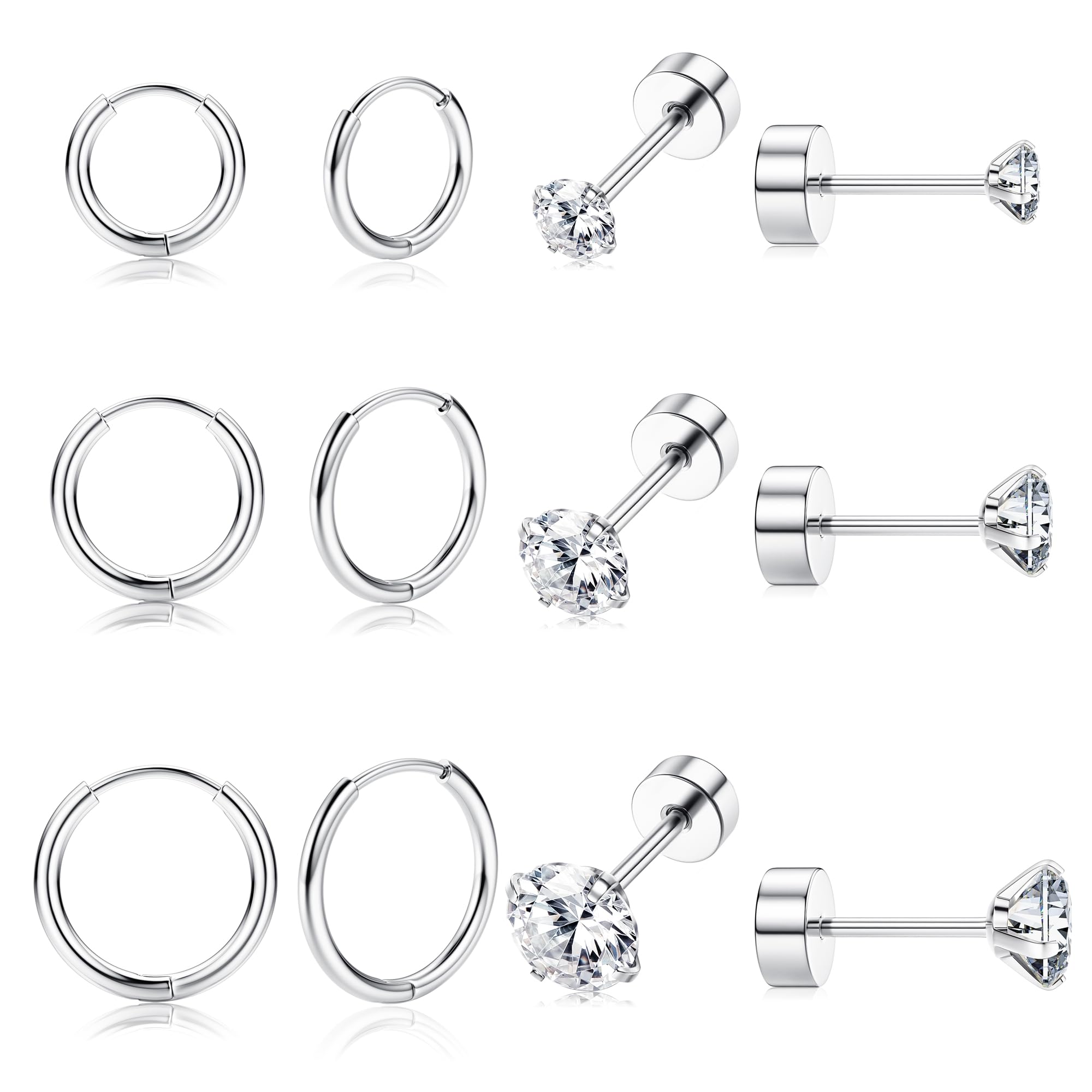 JeweBella6 Pequeños Pendientes Plata/Oro para Mujer G23 Titanio Pendientes Tachuelas Circonita Pendientes Aro Conjunto Piercing Oreja Cartilago Tragus Helix