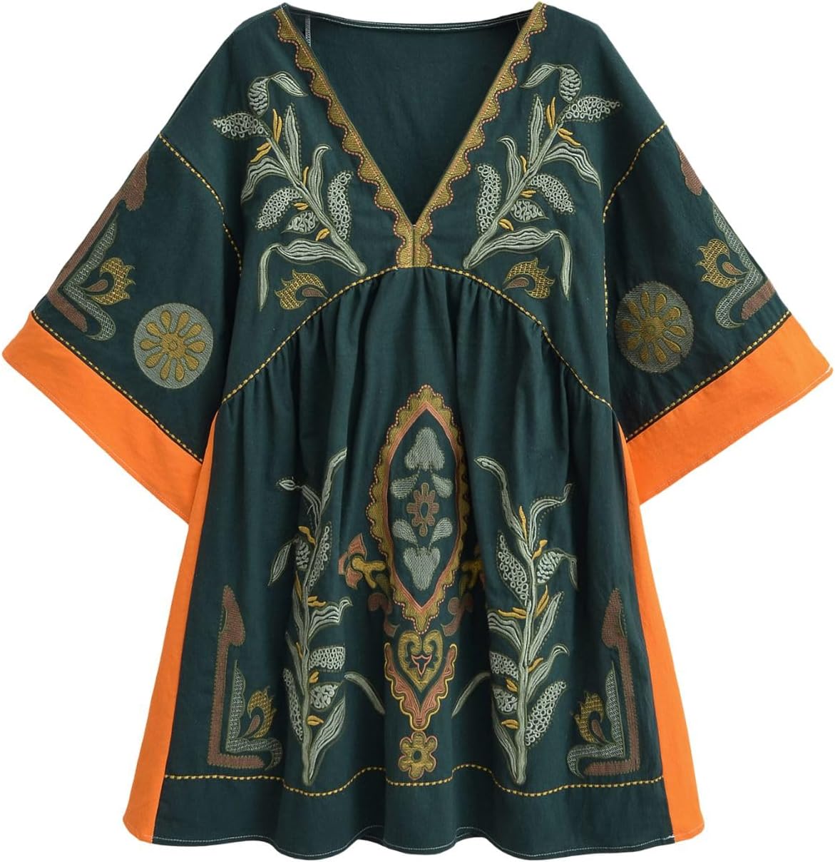 Joiemont Womens Oversized Embroidered Dress with V-Neck and 3/4 Sleeves Vintage Embroidery Babydoll Dress